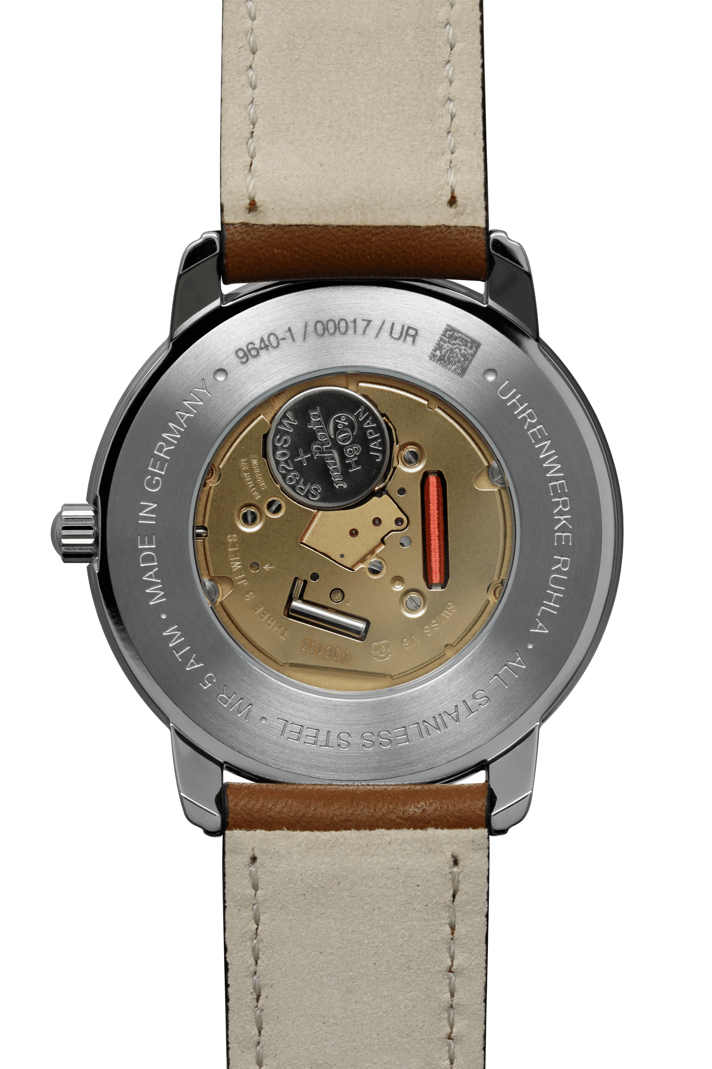 Rückseite Herrenarmbanduhr mit silbernem Gehäuse und braunem Lederband
