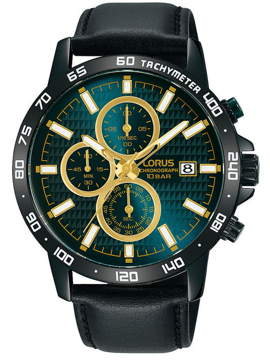 Lorus Herren-Chronograph: schwarzes Lederband, grünes Zifferblatt, Mineralglas