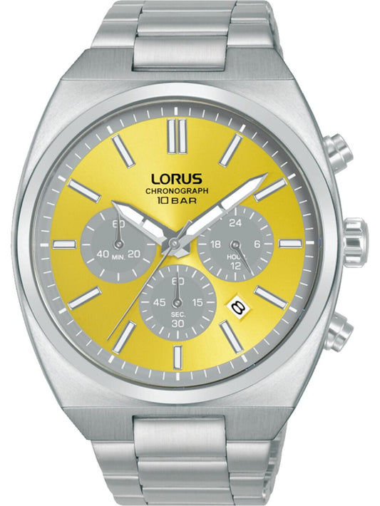 Herren-Armbanduhr Lorus: gelbes Chronograph-Zifferblatt, silberfarbenes Metallarmband