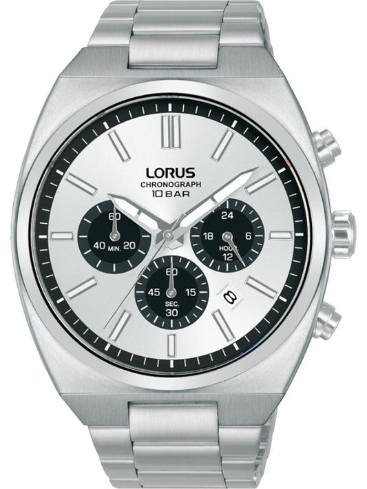 Herren-Armbanduhr Lorus Chronograph mit weißem Zifferblatt, Edelstahlband und dunkler Lünette