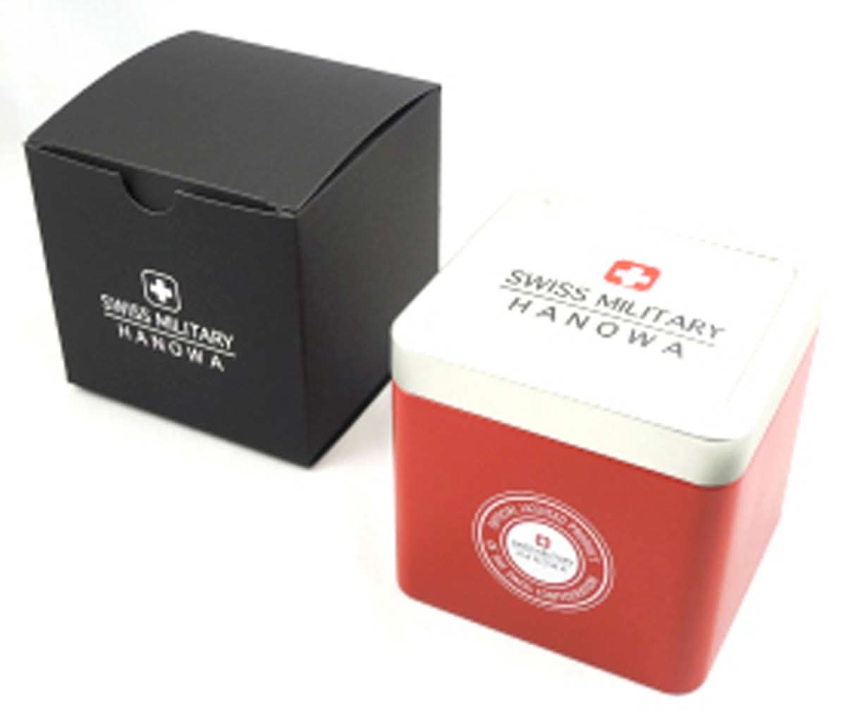 Uhrverpackung: schwarze Box und rote Schachtel mit Swiss Military Hanowa Aufdruck
