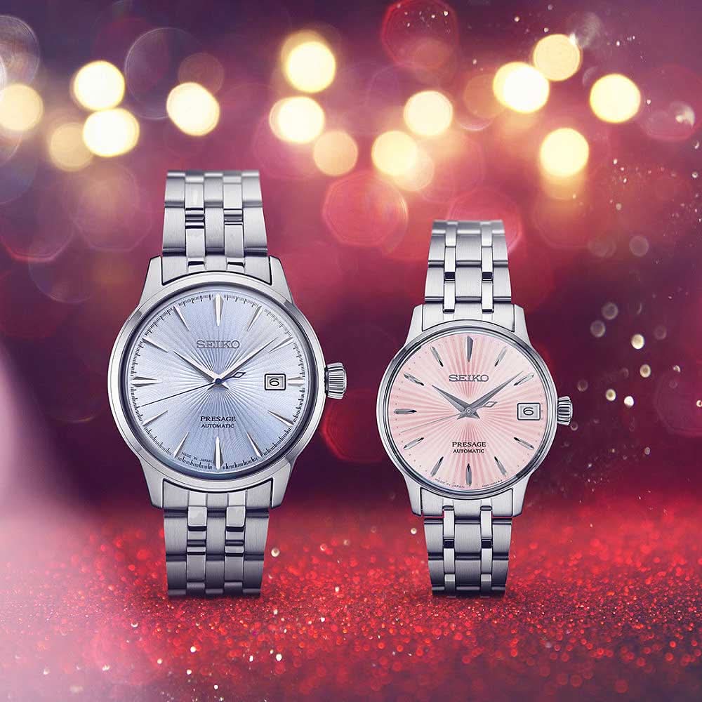 Due orologi Seiko Presage da donna: bracciale in acciaio inossidabile color argento, quadrante rosa e azzurro