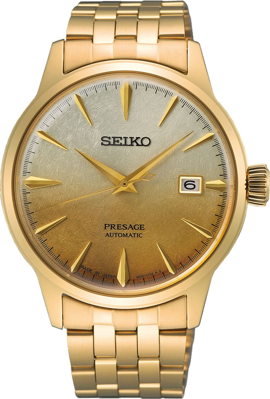 SEIKO Herrenarmbanduhr: goldfarbenes Zifferblatt, Datumsfenster bei 6, Edelstahlband