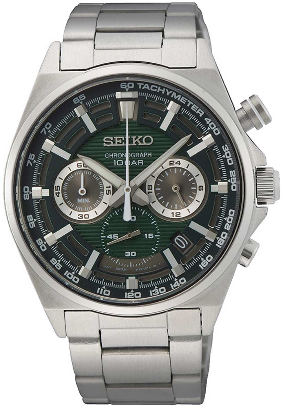 Herren-Chronographenuhr: silbernes Edelstahlarmband, grünes Zifferblatt mit Tachymeter-Lünette