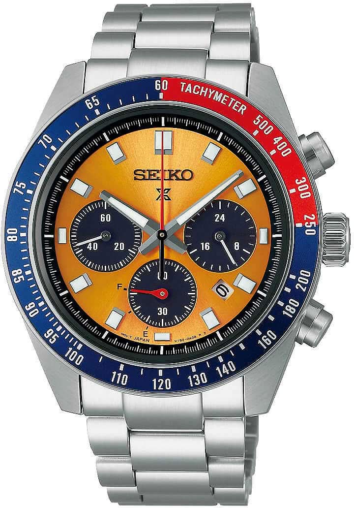 Seiko Prospex Herrenuhr mit orangefarbenem Zifferblatt, Chronographen-Subdials, Edelstahlarmband