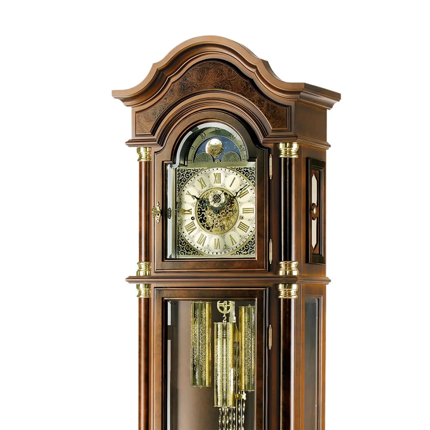 Standuhr aus Nussbaumholz mit Glaseinsatz, Uhrzifferblatt und Pendel-Detail