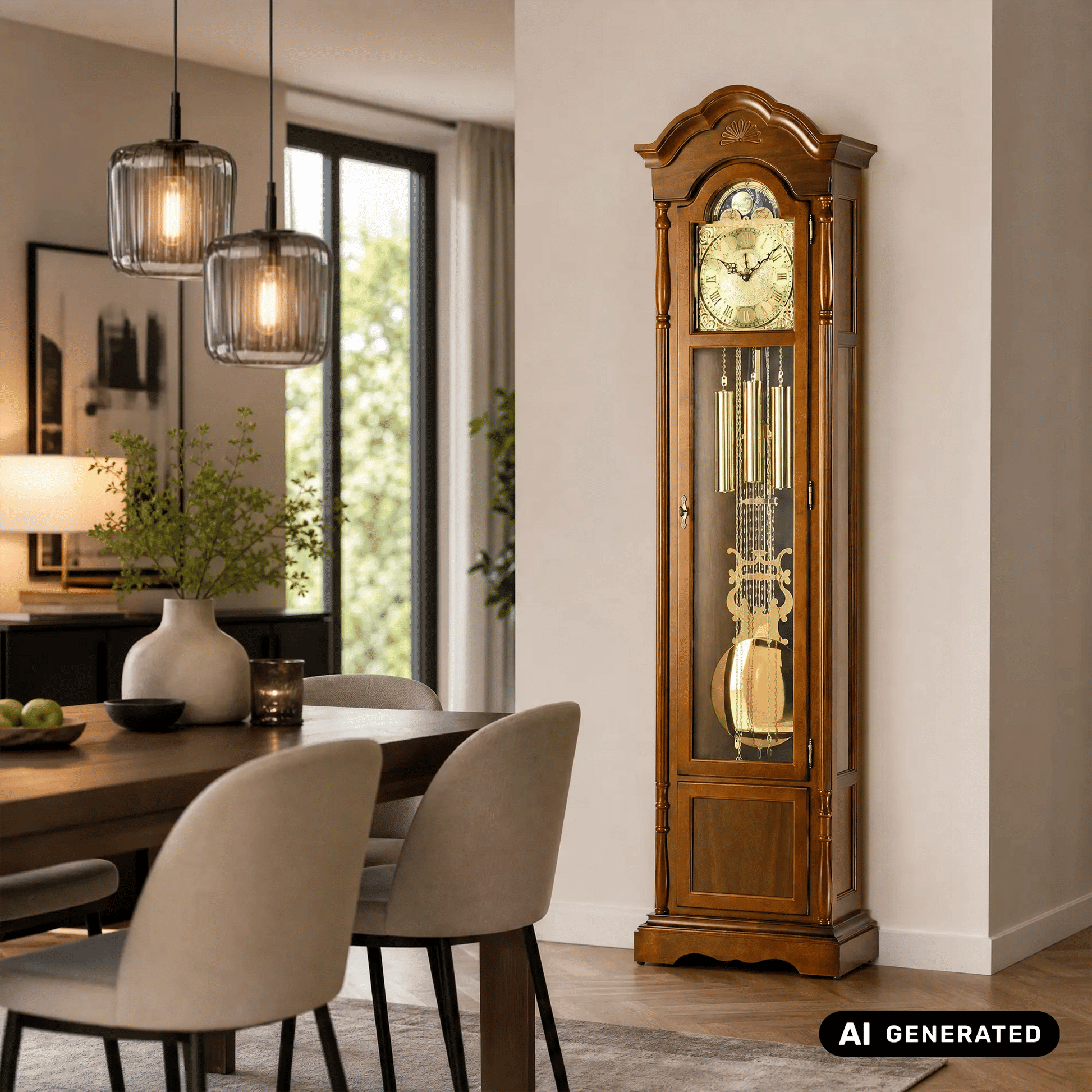 Nussbaumfarbene Standuhr mit Glasvitrine, Pendel und großem Zifferblatt