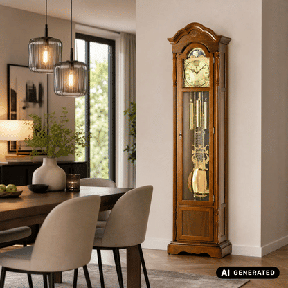 Nussbaumfarbene Standuhr mit Glasvitrine, Pendel und großem Zifferblatt