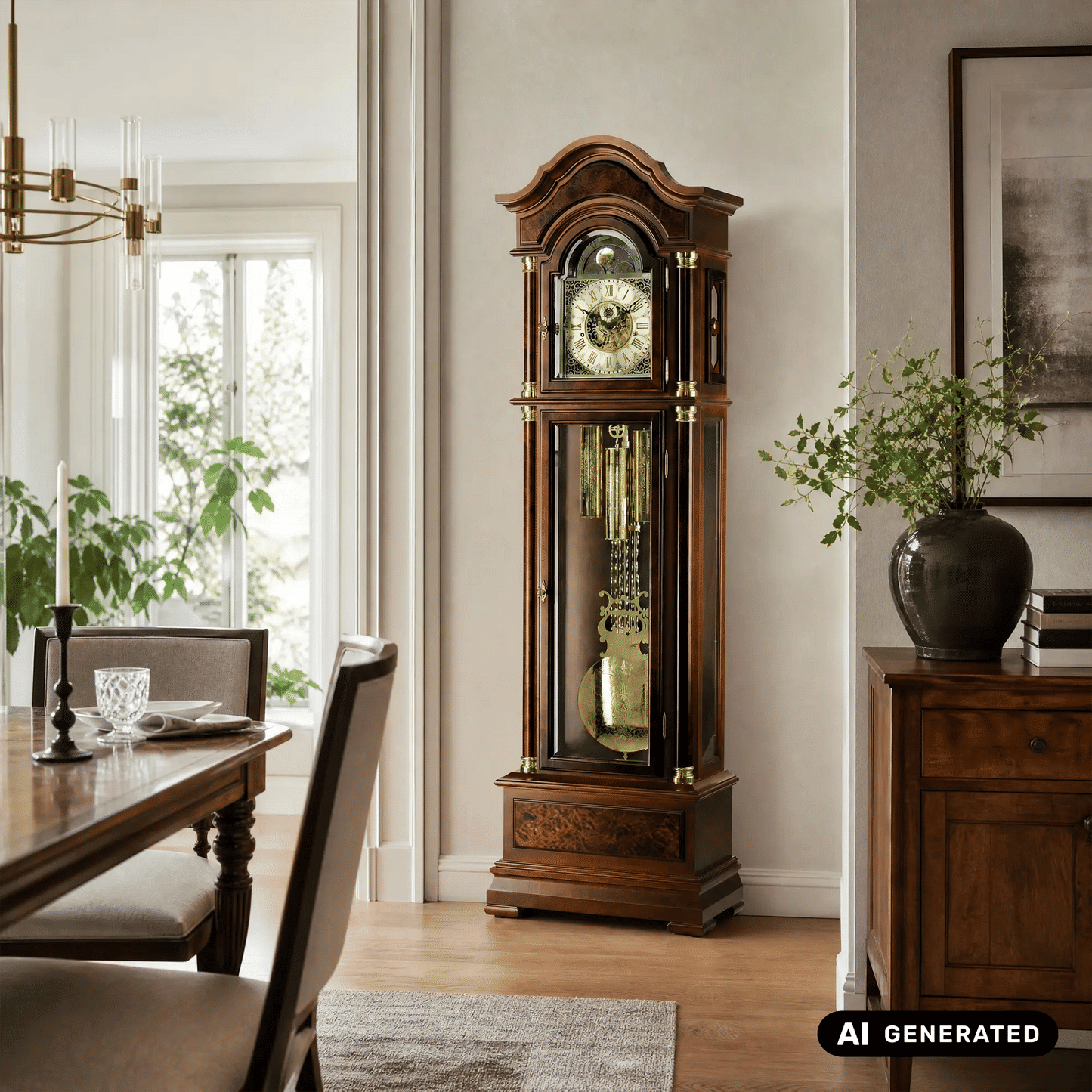 Standuhr aus Nussbaumholz im Wohnraum, Glastür mit Uhrzifferblatt und Pendel