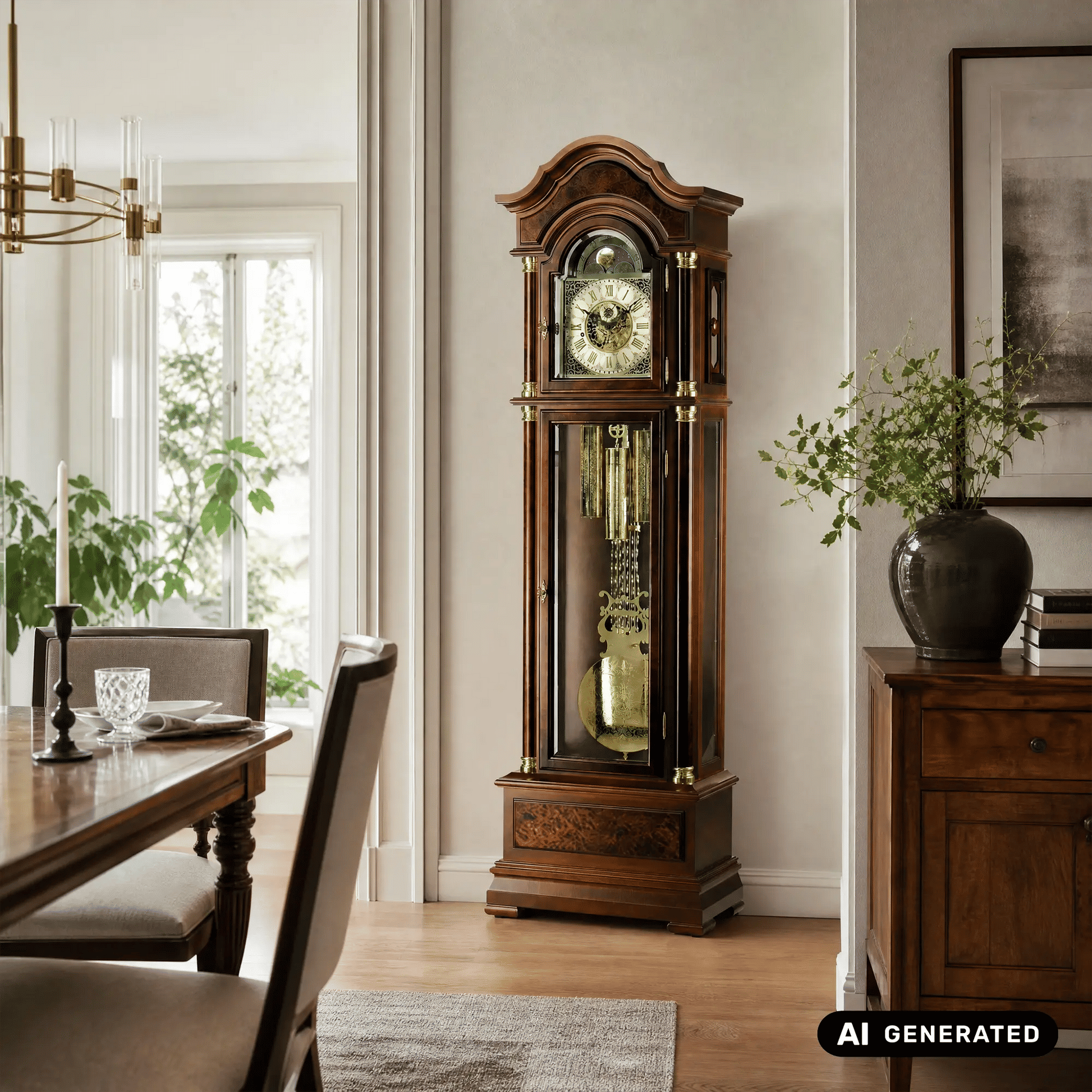 Standuhr aus Nussbaumholz im Wohnraum, Glastür mit Uhrzifferblatt und Pendel