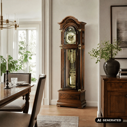 Standuhr aus Nussbaumholz im Wohnraum, Glastür mit Uhrzifferblatt und Pendel