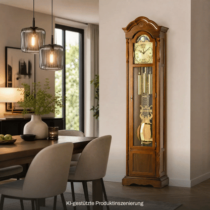 Nussbaumfarbene Standuhr mit Glasvorderseite, Pendel und Holzsäulen