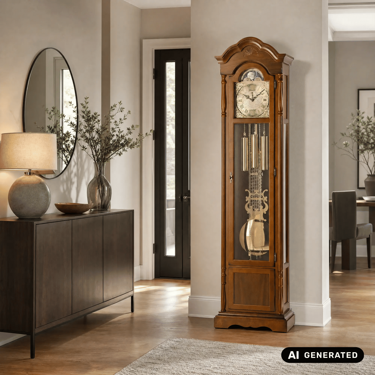 Holz-Standuhr in Nussbaum mit Pendelwerk, Glaseinsatz und runden Ziffern