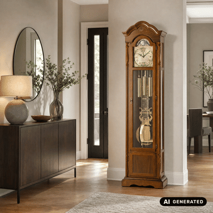 Holz-Standuhr in Nussbaum mit Pendelwerk, Glaseinsatz und runden Ziffern
