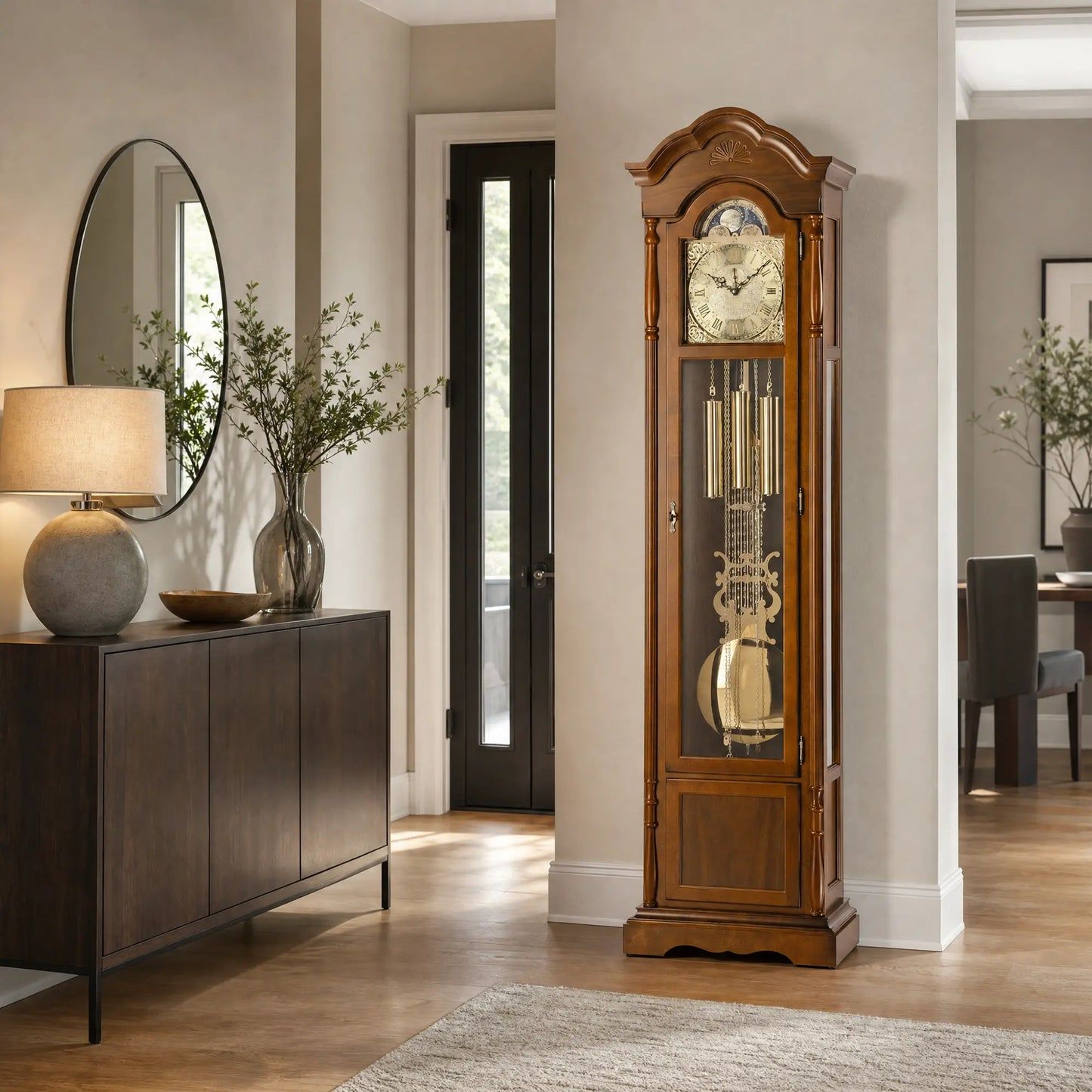Orologio a pendolo in noce per corridoio, cabina in vetro con quadrante e pendolo