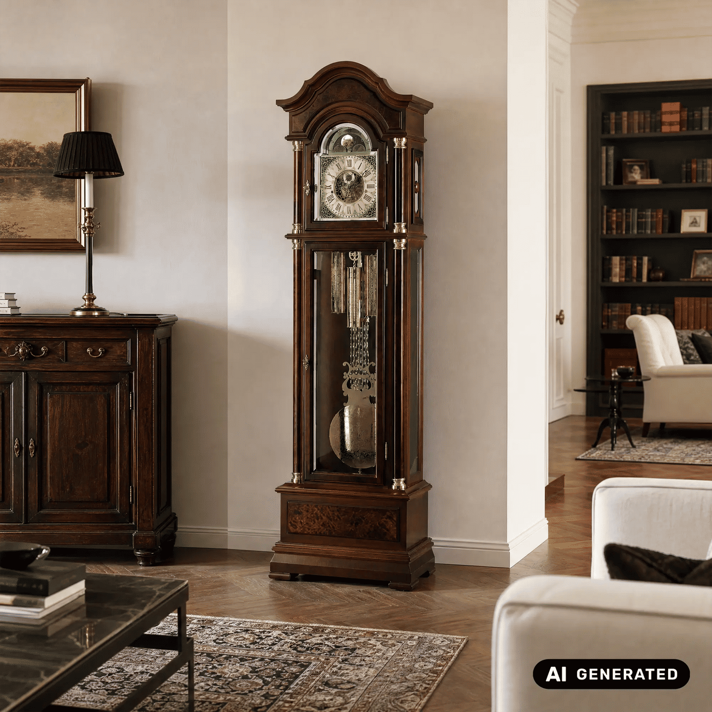 Standuhr aus Nussbaumholz zwischen Möbeln, Glaseinsatz mit Uhrzifferblatt sichtbar