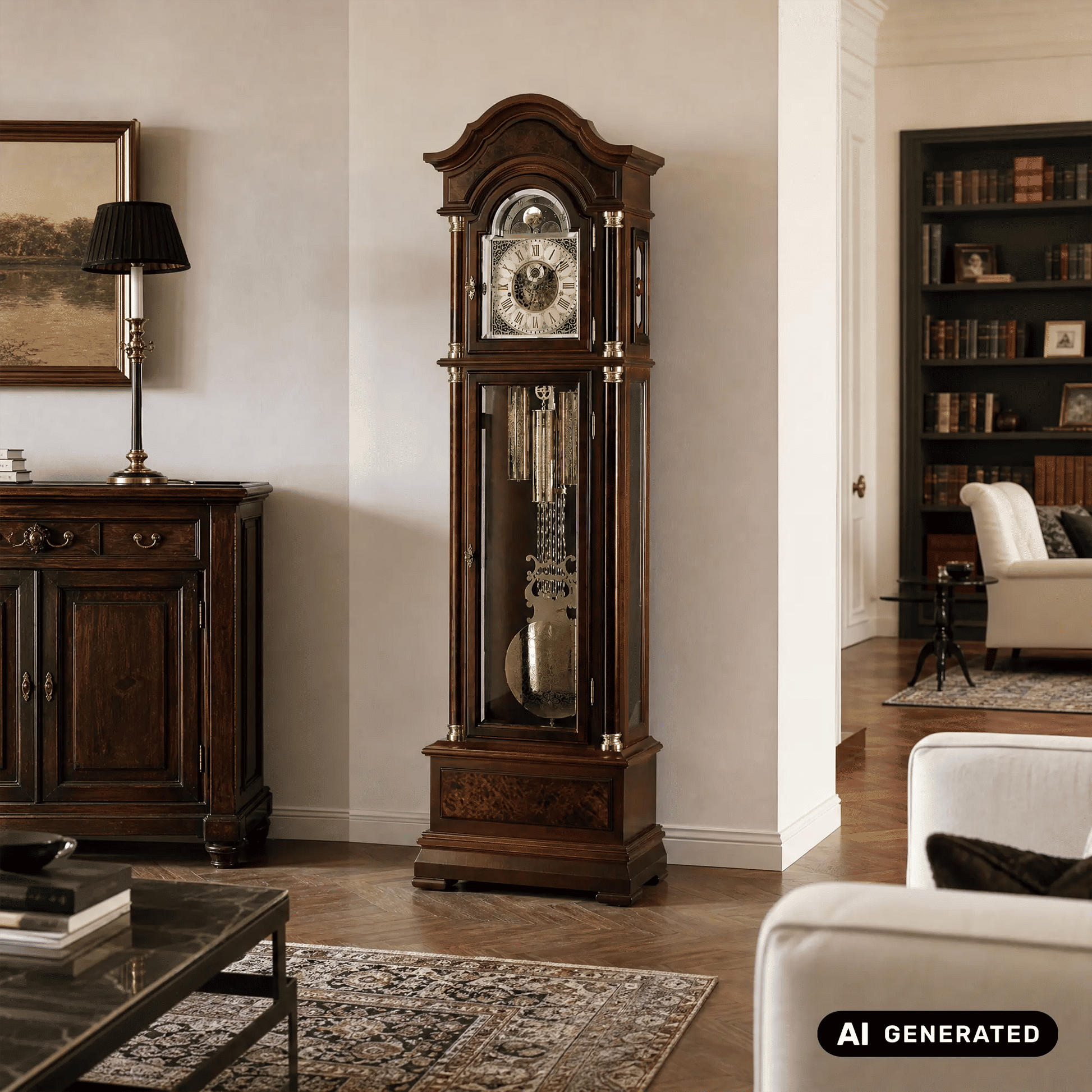 Standuhr aus Nussbaumholz zwischen Möbeln, Glaseinsatz mit Uhrzifferblatt sichtbar