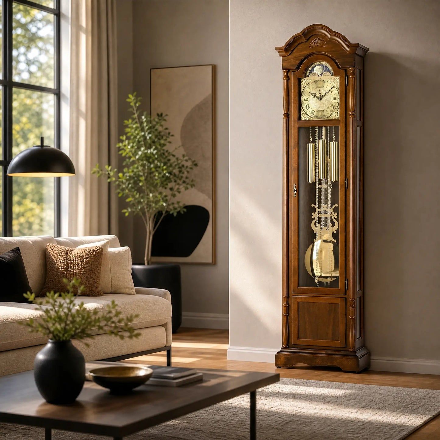 Orologio a pendolo in noce accanto a una finestra, cabina in vetro con quadrante e aste del pendolo