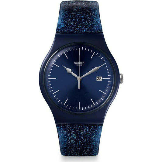 Swatch Glitterspace SUON401 Unisex Armbanduhr Transparent • Quarzwerk • Glitzer-Design