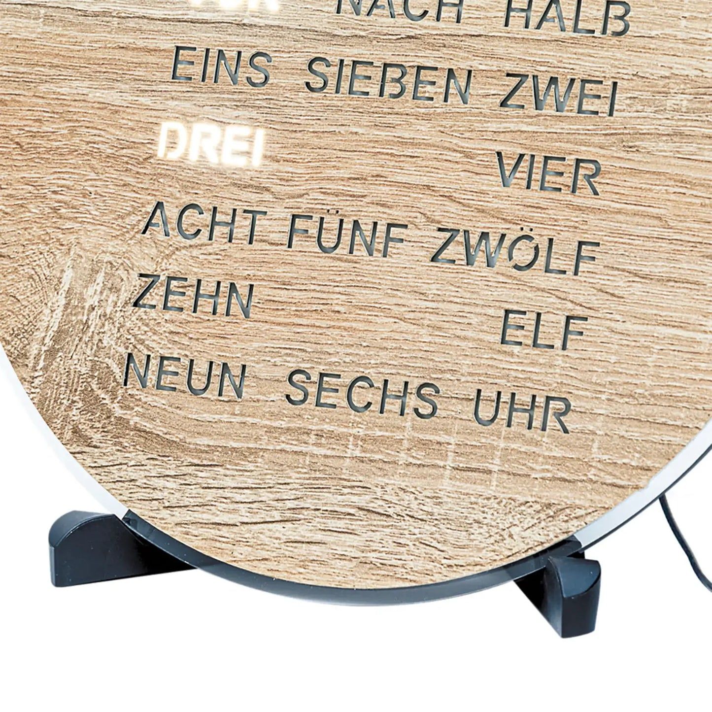 Orologio con display LED rotondo, effetto legno con testo luminoso "SONO LE DIECI E CINQUE"