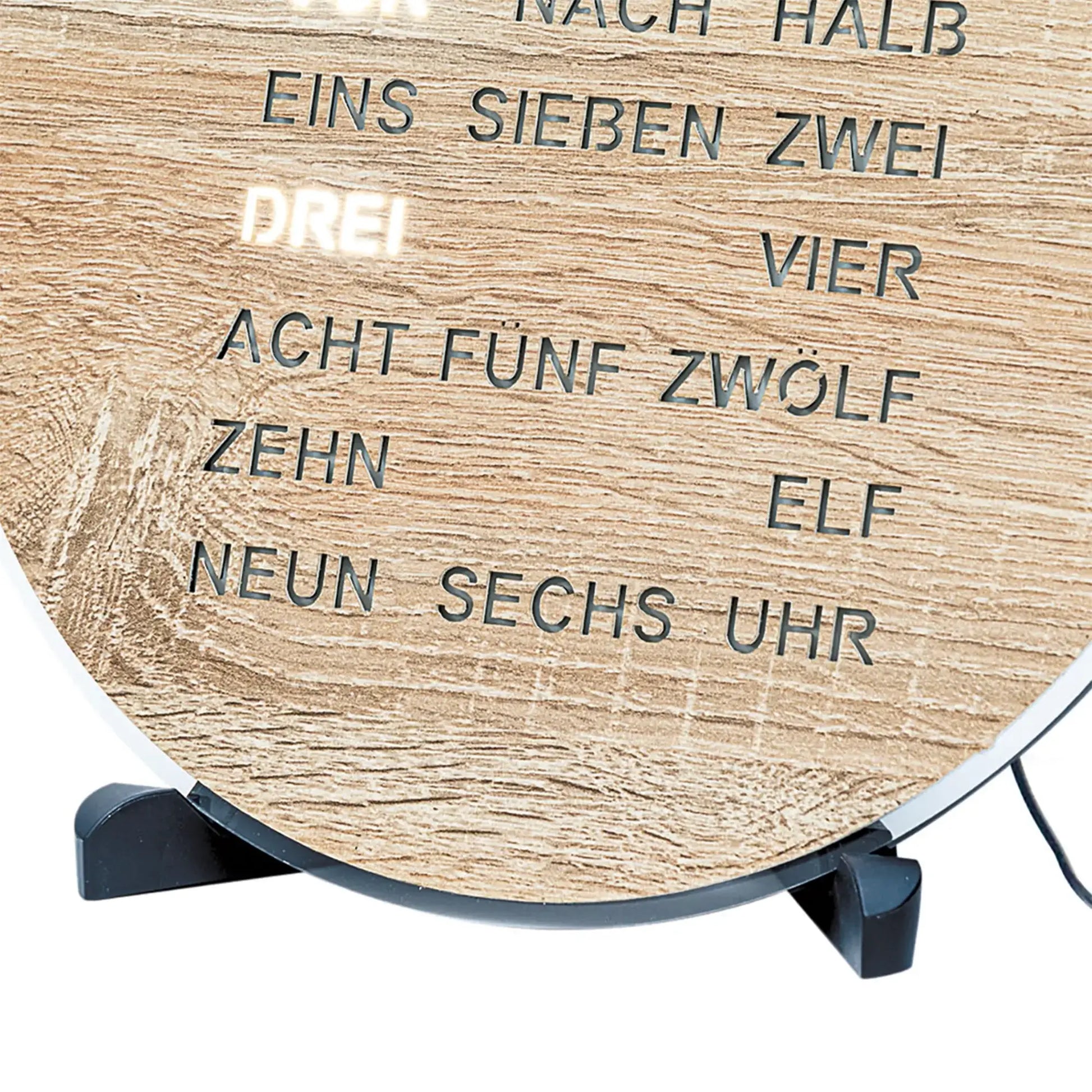 Orologio con display LED rotondo, effetto legno con testo luminoso "SONO LE DIECI E CINQUE"