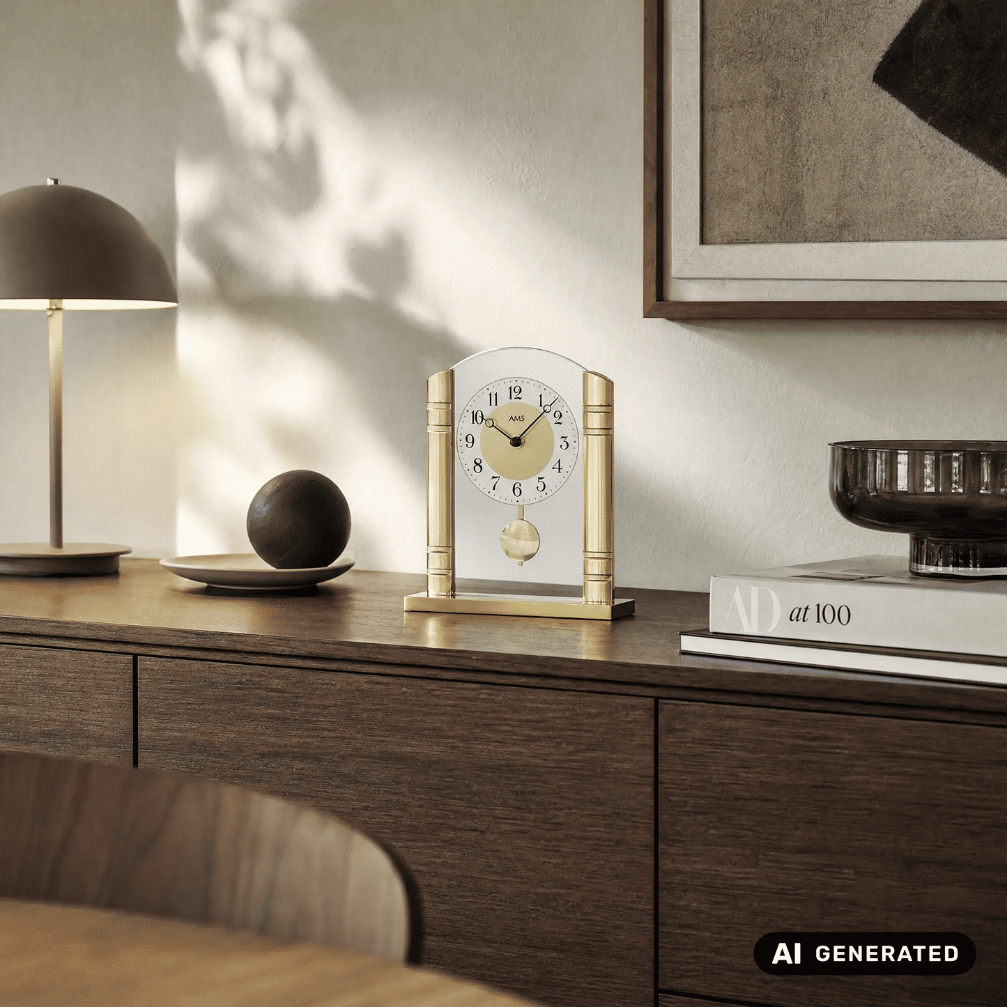 AMS Design T1117 Zegar stołowy • Z wahadłem • Złoty i szkło mineralne