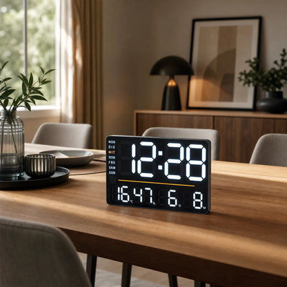 Orologio digitale da tavolo con display a LED nero, mostra ora e temperatura/umidità.