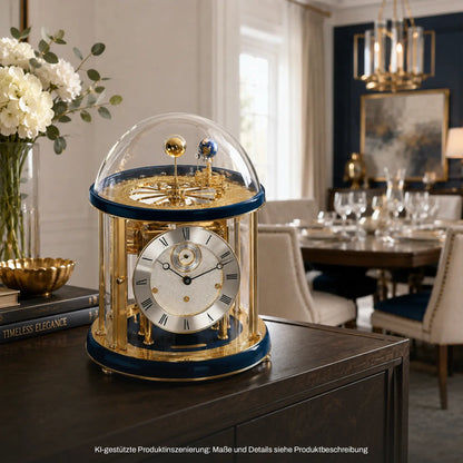 Tischuhr mit glockenförmigem Glaskuppelgehäuse, blauem Sockel und goldenen Zierelementen.