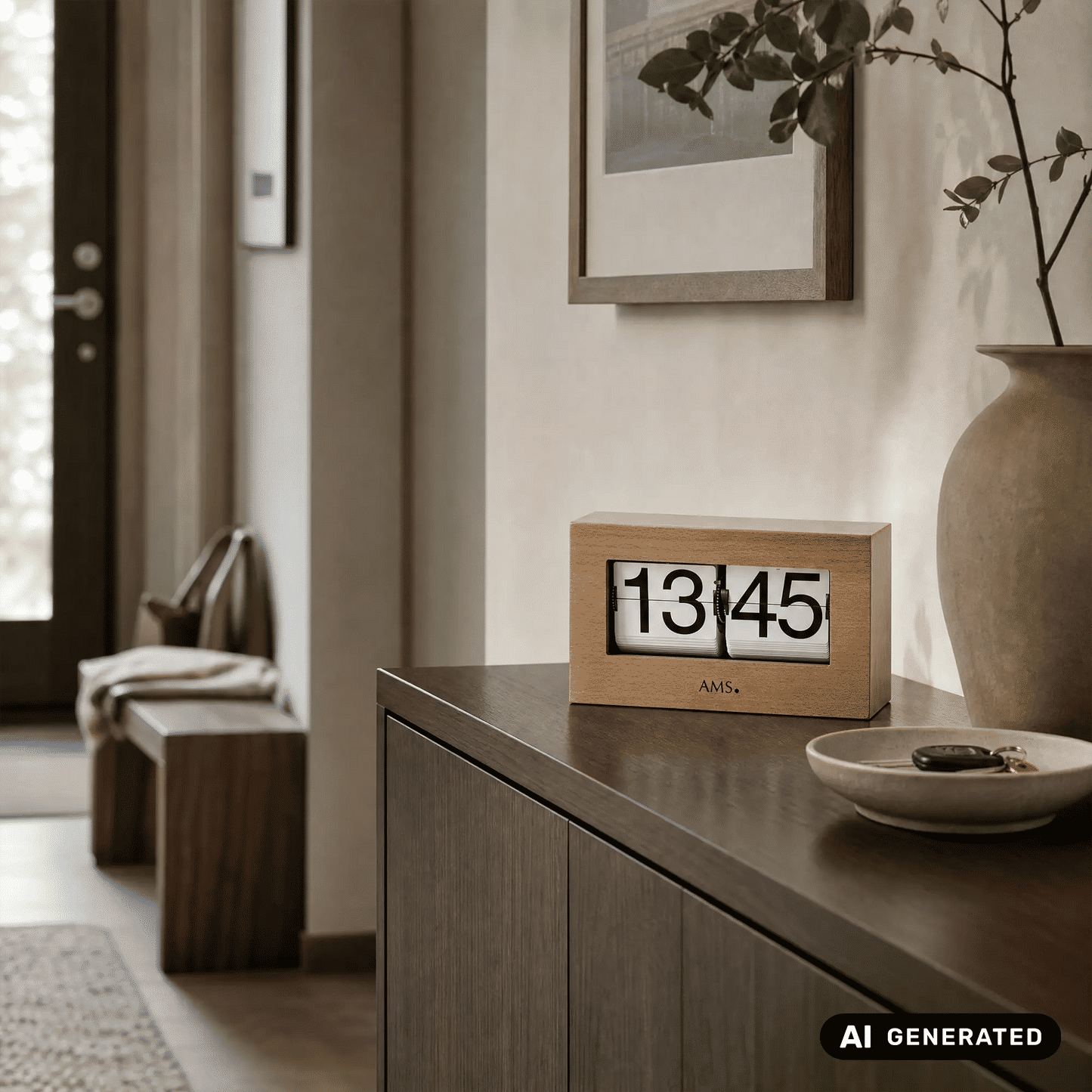 AMS 1175/18 Zegar stołowy / Flip Clock buk • Obudowa z litego drewna • Wskazanie 24-godzinne