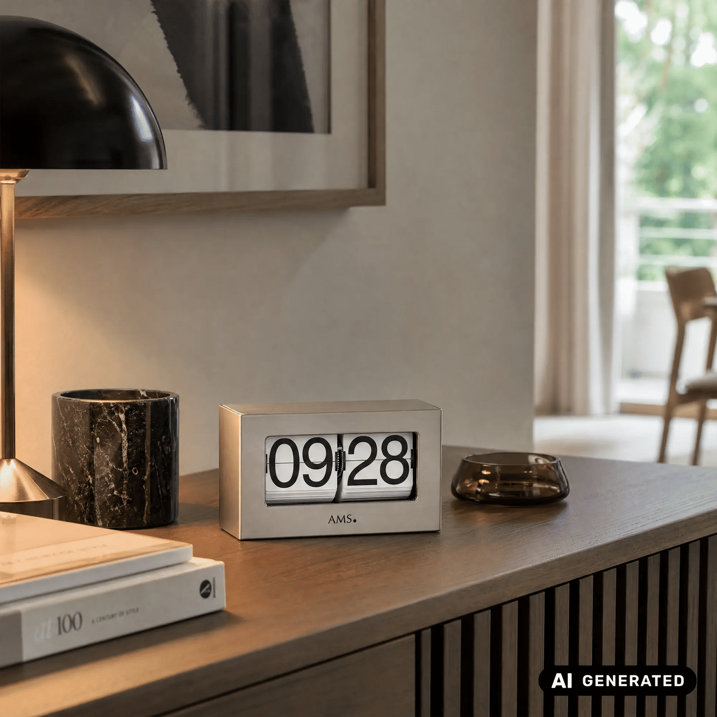 AMS T1175 Zegar stołowy / Zegar z klapkami (Flip Clock) srebrny • Mechanizm kwarcowy • Tarcza 24h