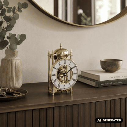 Zegar stołowy szkieletowy AMS 1183 złoty • Mechanizm 14-dniowy • Odsłonięty mechanizm zegarowy