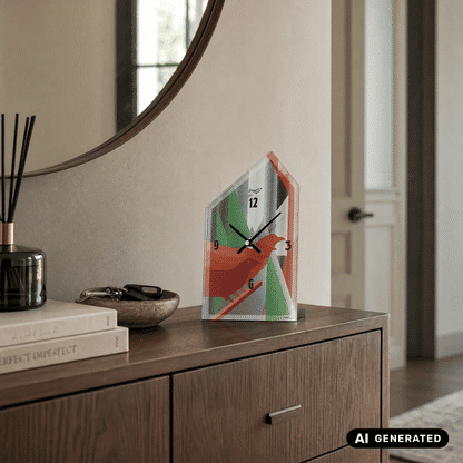 Tischuhr mit Vogel-Design auf Holzkommode, roter Rahmen und schwarze Zeiger.