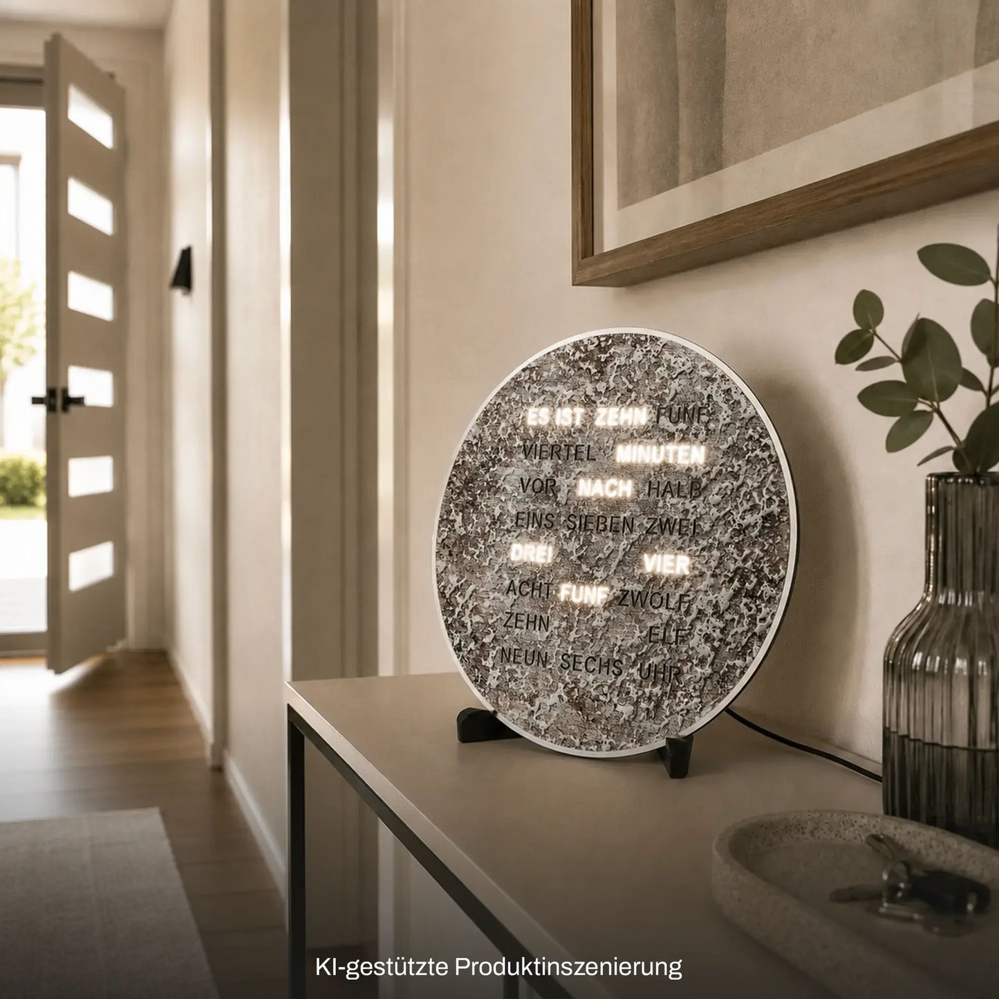 Metallische LED-Wortuhr an der Wand, runder Kreis mit Schriftanzeige
