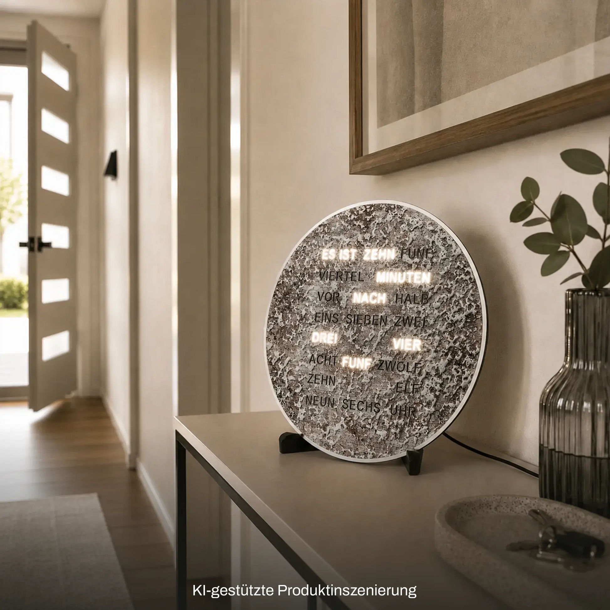 Metallische LED-Wortuhr an der Wand, runder Kreis mit Schriftanzeige