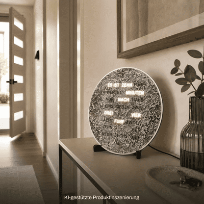 Metallische LED-Wortuhr an der Wand, runder Kreis mit Schriftanzeige