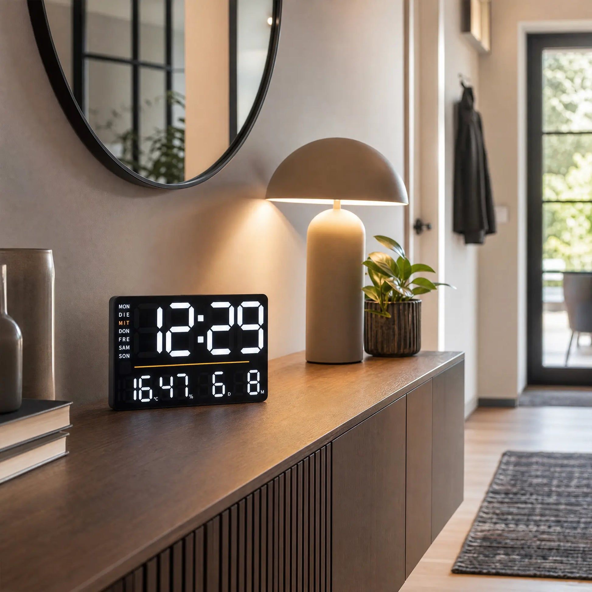 Orologio digitale su credenza, con cornice nera, display a LED per ora e temperatura/umidità.