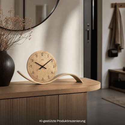 AMS Tischuhr, rundes Holzgehäuse in Messing-Optik, gebogener Holzsockel mit Zeigern