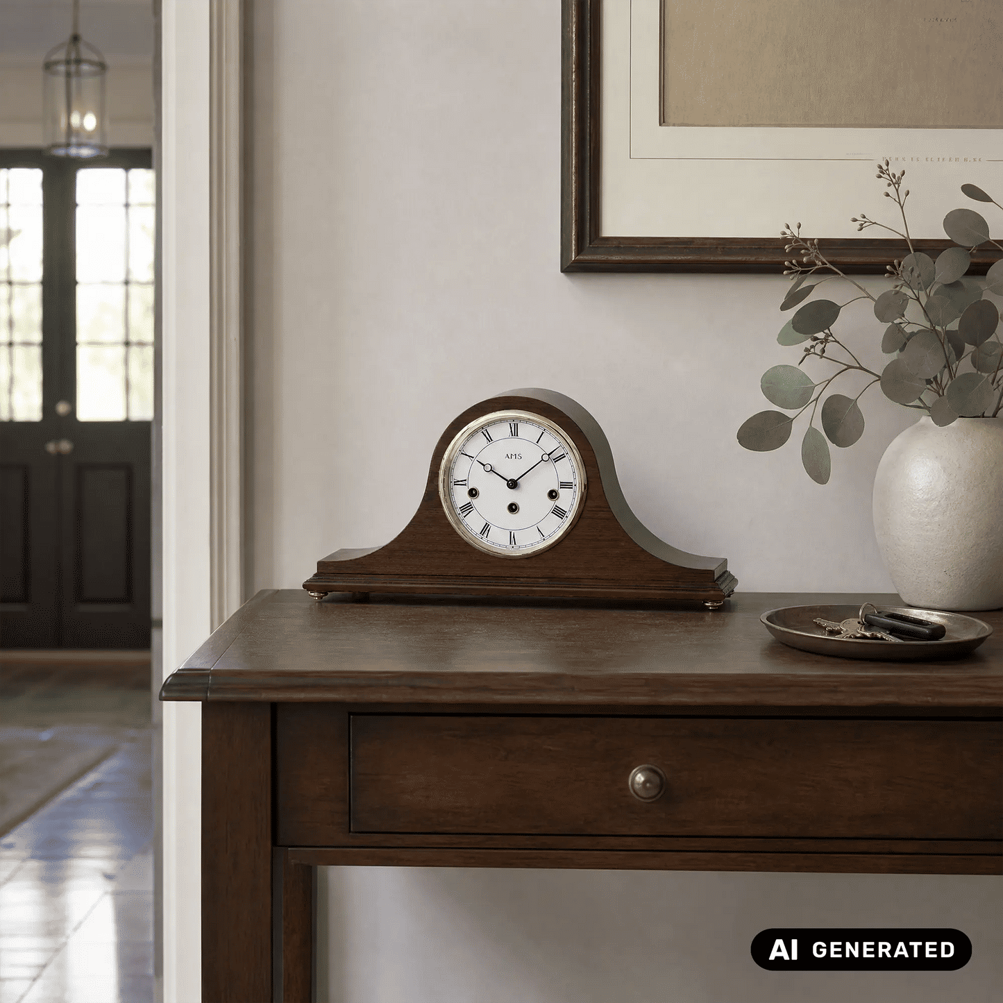 Zegar stołowy AMS T2193/1 orzech • 8-dniowy mechanizm Westminster • obudowa z drewna orzechowego