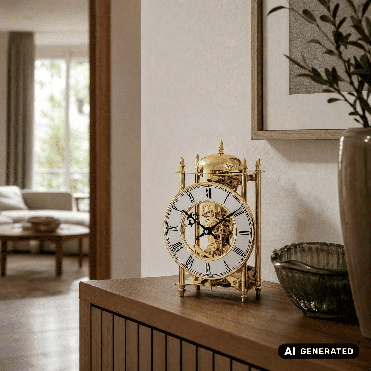 Zegar stołowy szkieletowy AMS 1183 złoty • Mechanizm 14-dniowy • Odsłonięty mechanizm zegarowy