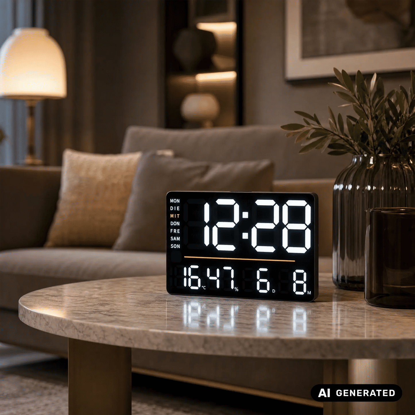 LED-Digitaluhr mit Thermometer, schwarzes Gehäuse und leuchtende Ziffern auf Glas