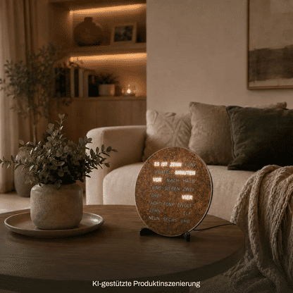 Runde LED-Wortuhr im Kupfer-Look mit Wortanzeige, auf schwarzem Standfuß