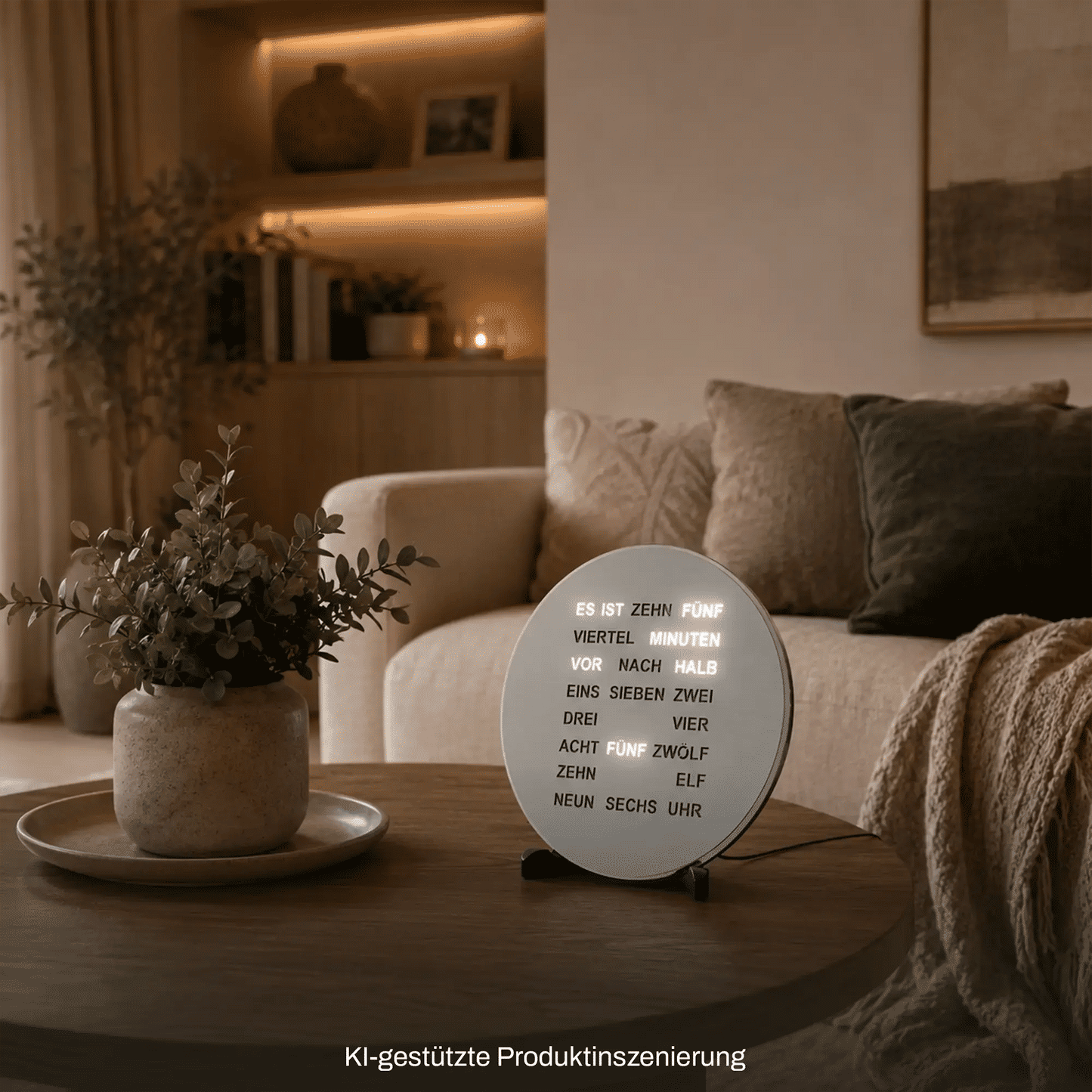 Runde LED-Wortanzeige-Uhr auf Tischständer, silbernes Alu-Optik-Display mit Zeittext