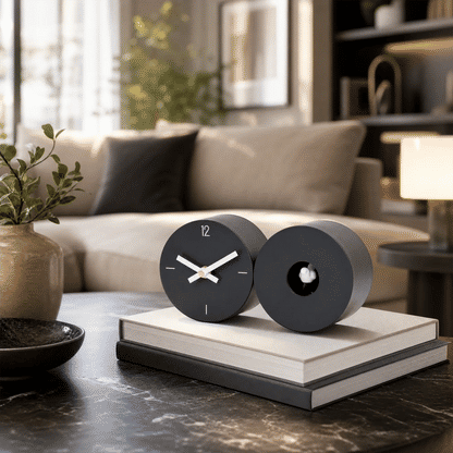 Orologio da tavolo e da parete con cassa in metallo, due orologi rotondi su libri impilati