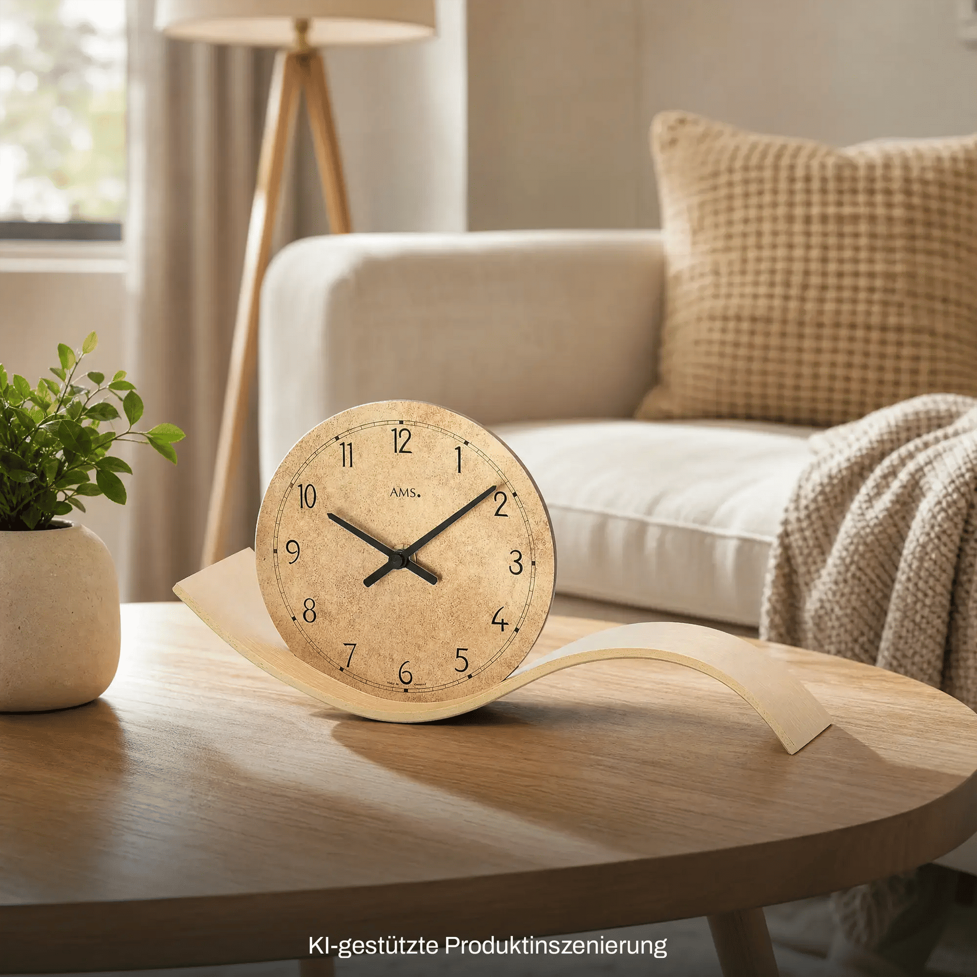 AMS Tischuhr mit rundem Holzgehäuse in Messing-Optik, Ziffernblatt und gebogenem Holzfuß