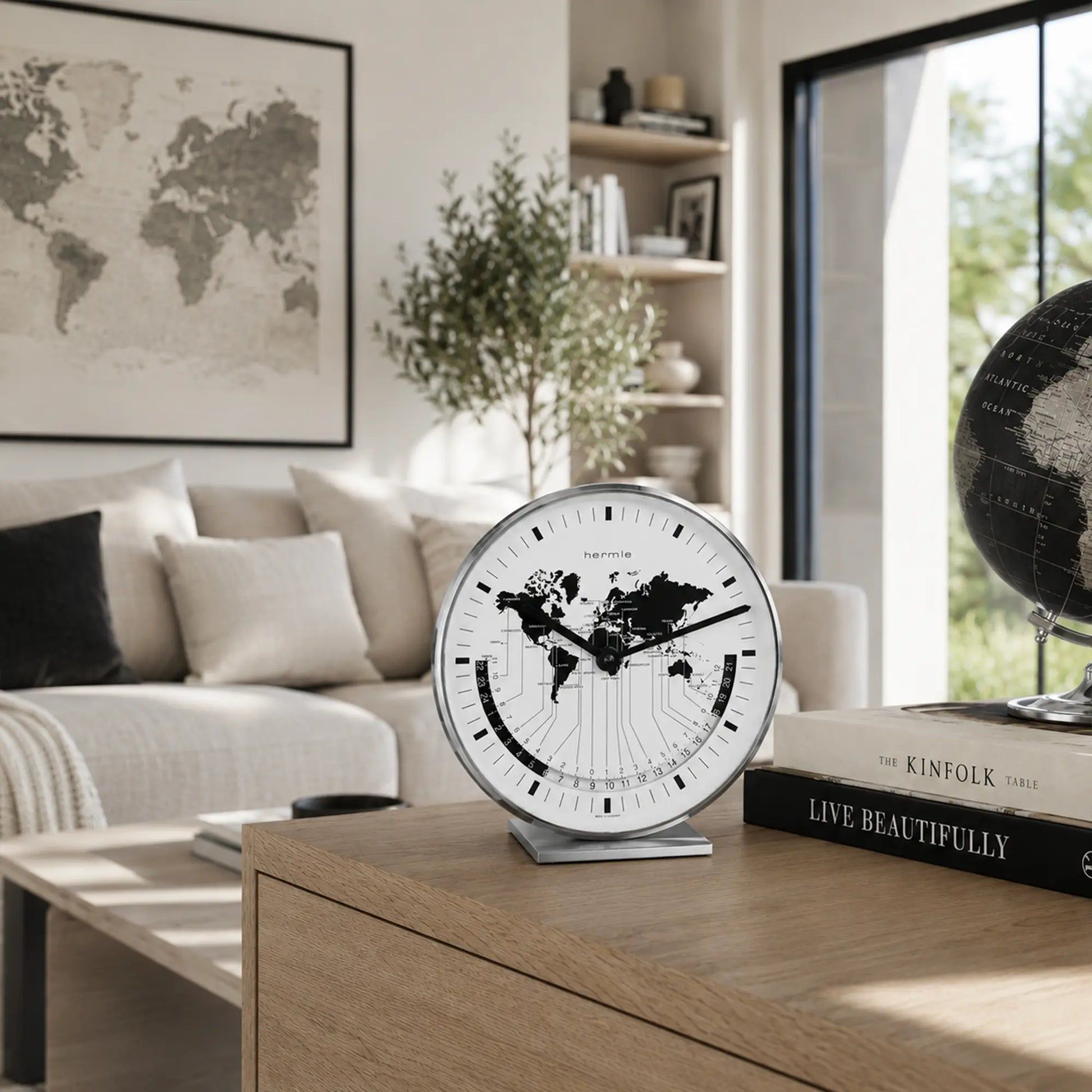 Orologio da tavolo su superficie in legno, quadrante bianco con mappa del mondo e lancette nere