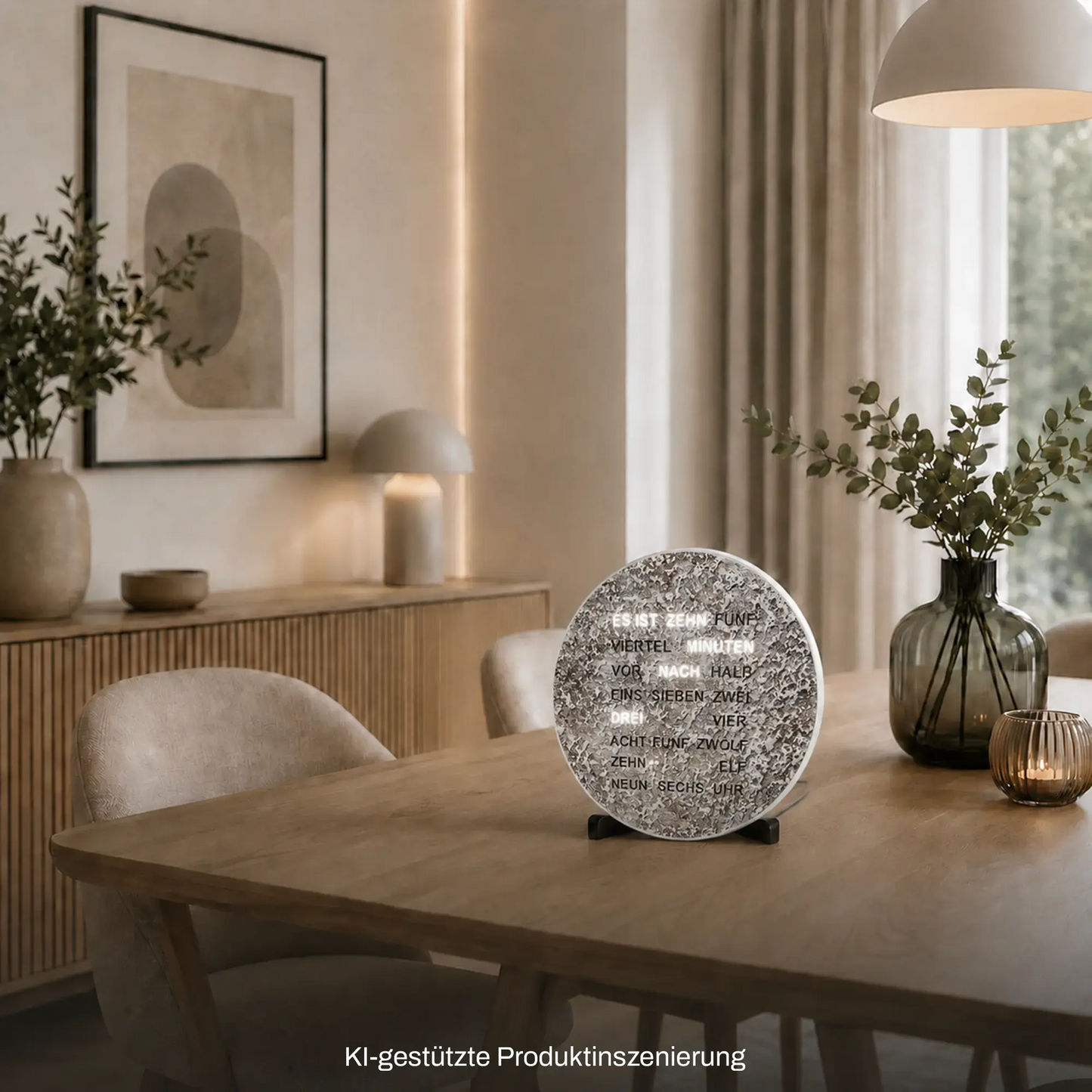Metallische LED-Wortuhr, runde Standuhr mit Textzeilen und Schriftanzeige