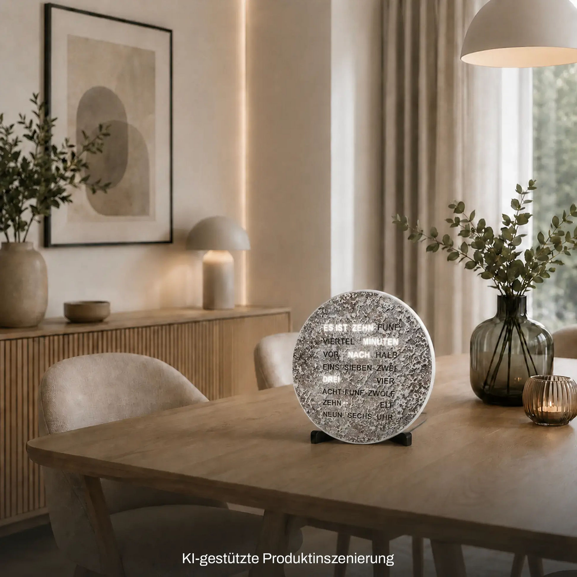 Metallische LED-Wortuhr, runde Standuhr mit Textzeilen und Schriftanzeige