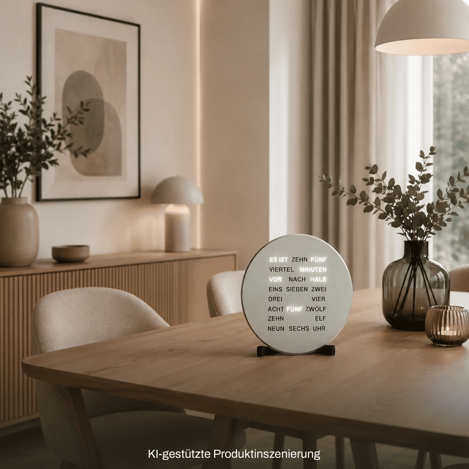 Runde Tisch- und Wanduhr mit LED-Wortanzeige, silberne Alu-Optik, rundes Display