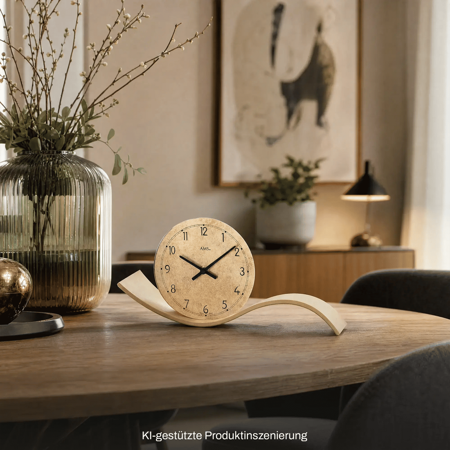 AMS Tischuhr mit rundem Holzgehäuse in Messing-Optik, schwarzem Zifferblatt und Holzfuß