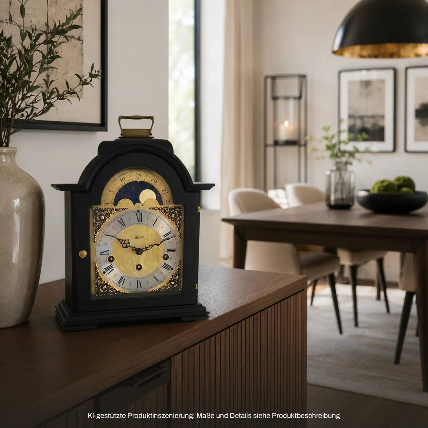 Tischuhr mit Mondphasenanzeige, schwarzem Gehäuse und goldenem Zifferblatt